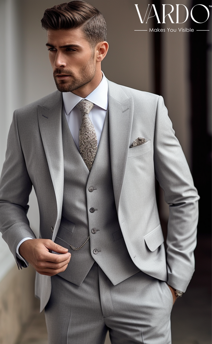 Stylish Light Grey Three-Piece Suit for Men