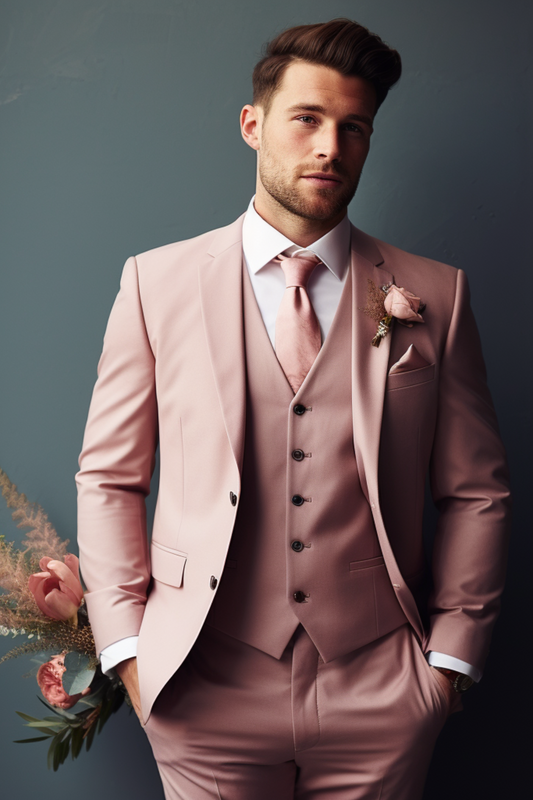 Men's Dusty Rose Notch Lapel 3-Piece Suit - Contemporary Business Attire - Classy Formal Wear