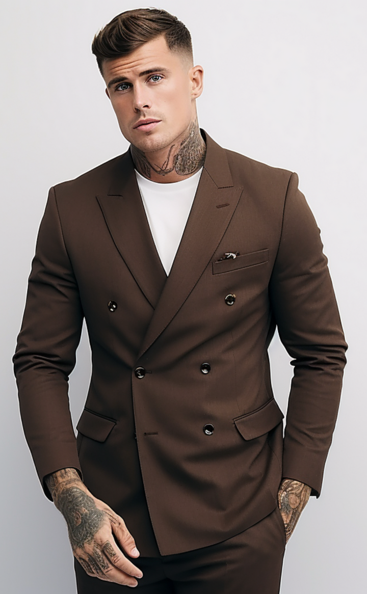 Men's Dark Brown Double-Breasted Suit - Sophisticated Business Attire - Luxurious Formal Wea