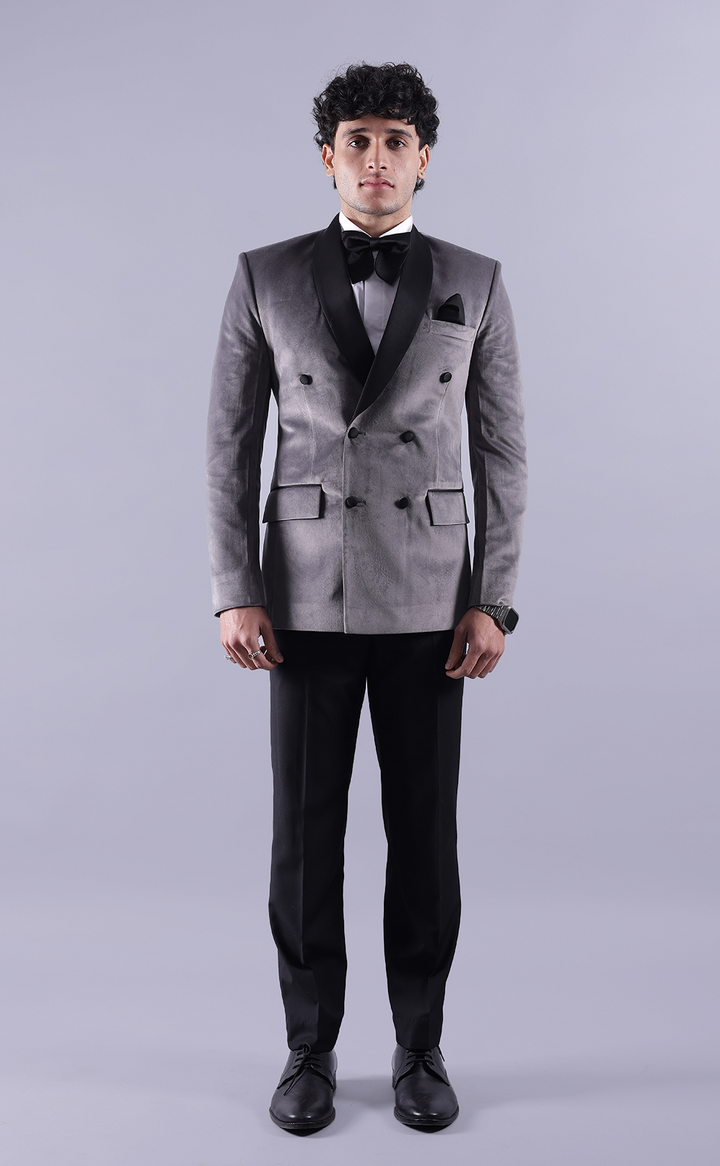 Men’s Grey Double-Breasted Tuxedo Suit - Premium Velvet Formal Wedding & Party Wear