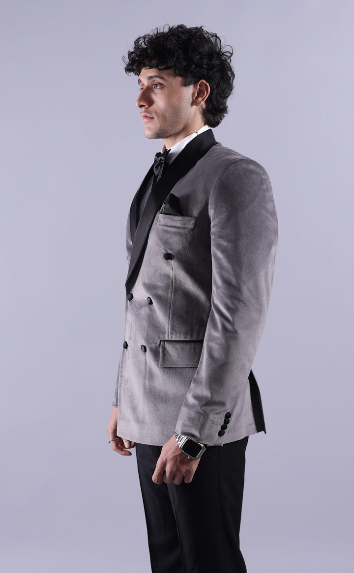 Men’s Grey Double-Breasted Tuxedo Suit - Premium Velvet Formal Wedding & Party Wear