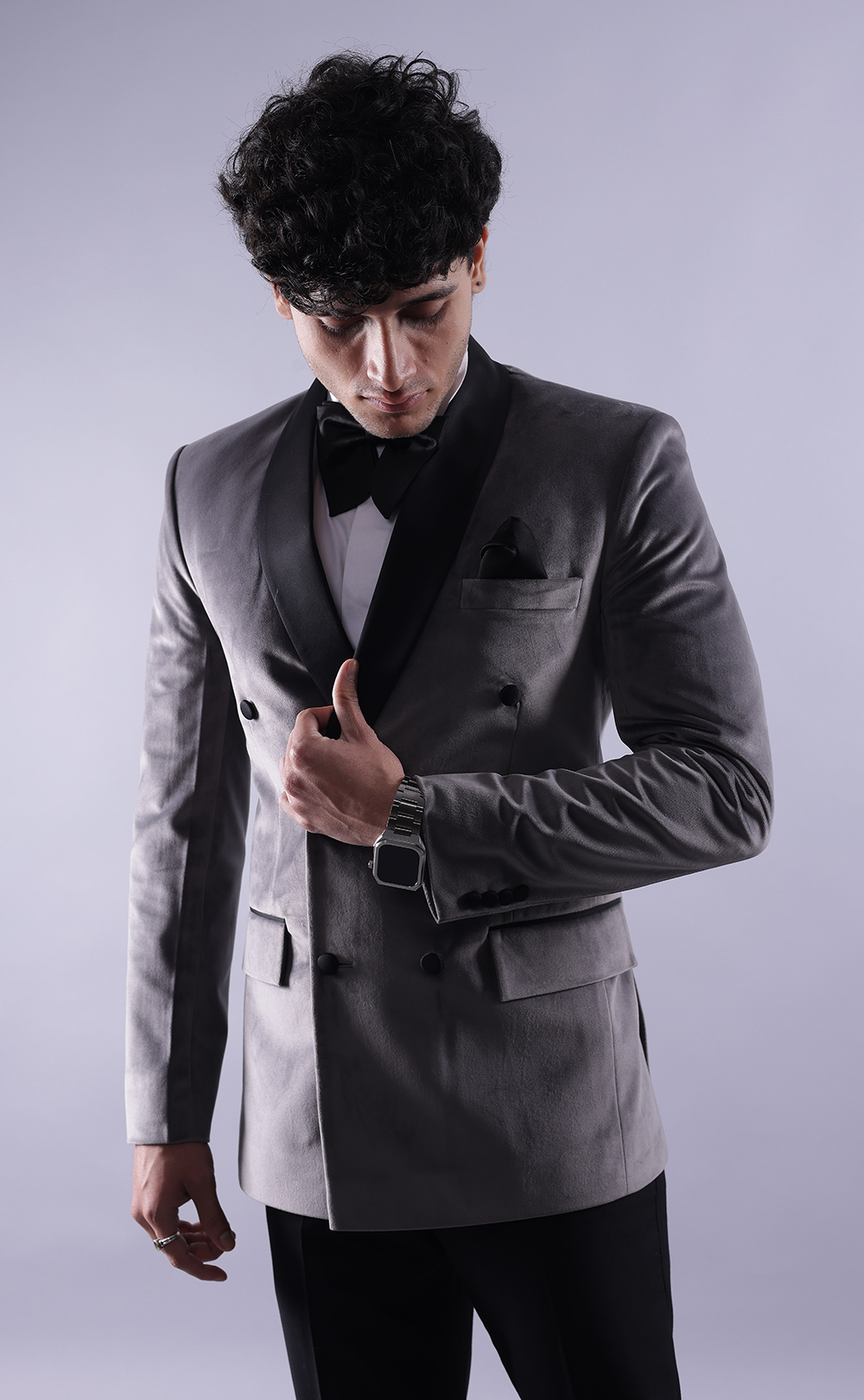 Men’s Grey Double-Breasted Tuxedo Suit - Premium Velvet Formal Wedding & Party Wear