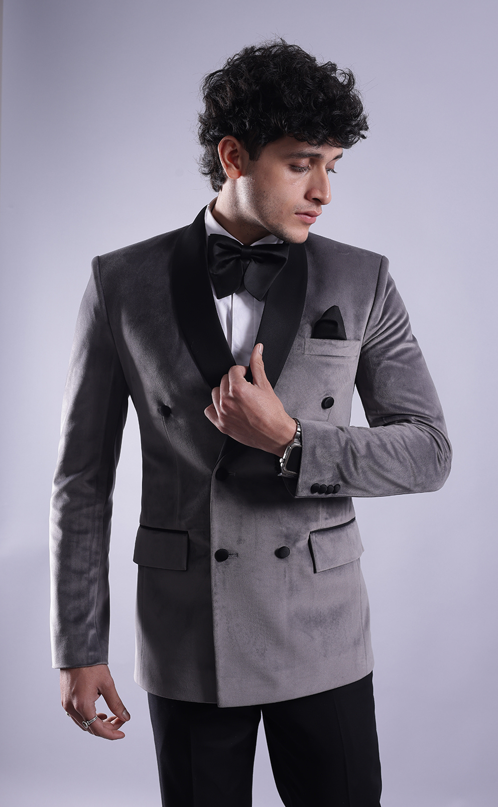 Men’s Grey Double-Breasted Tuxedo Suit - Premium Velvet Formal Wedding & Party Wear