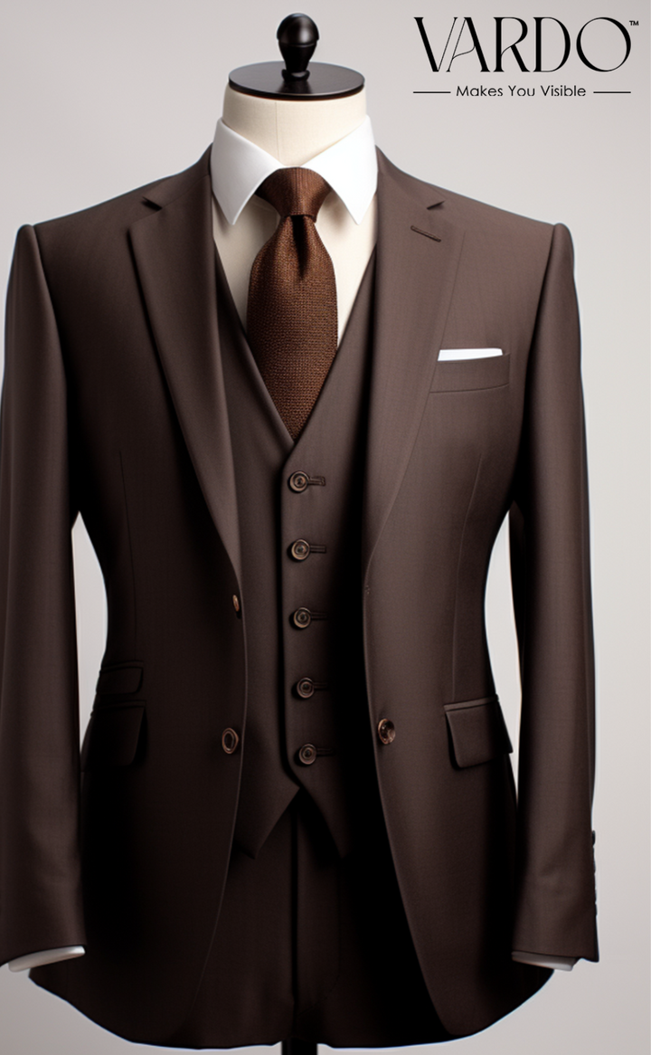 Sophisticated Formal Chocolate Brown Three Piece Suit for Men