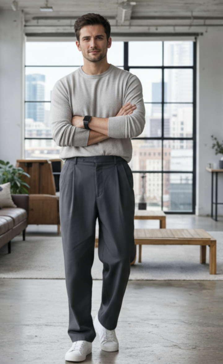 Men's Old Money Charcoal Grey Pleated Trousers