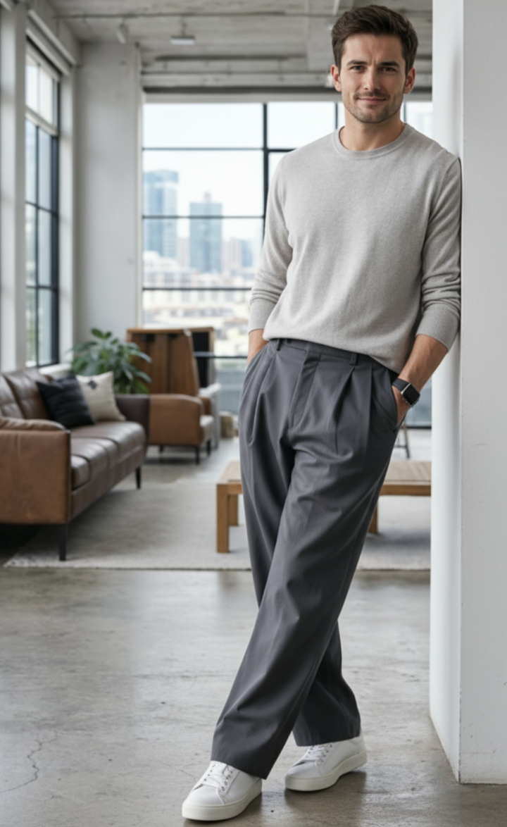 Men's Old Money Charcoal Grey Pleated Trousers