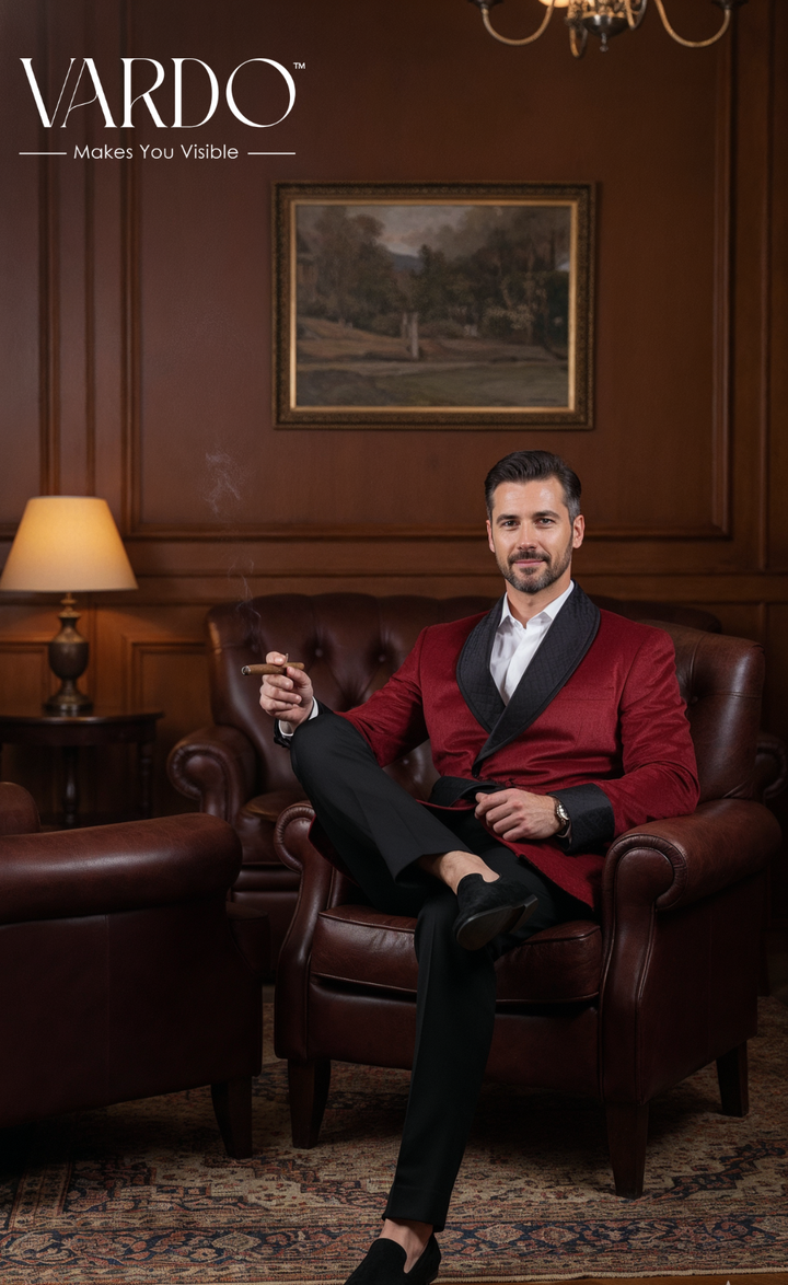 Men’s Red Velvet Smoking Jacket - Luxury Formal Attire, Elegant Dinner Blazer