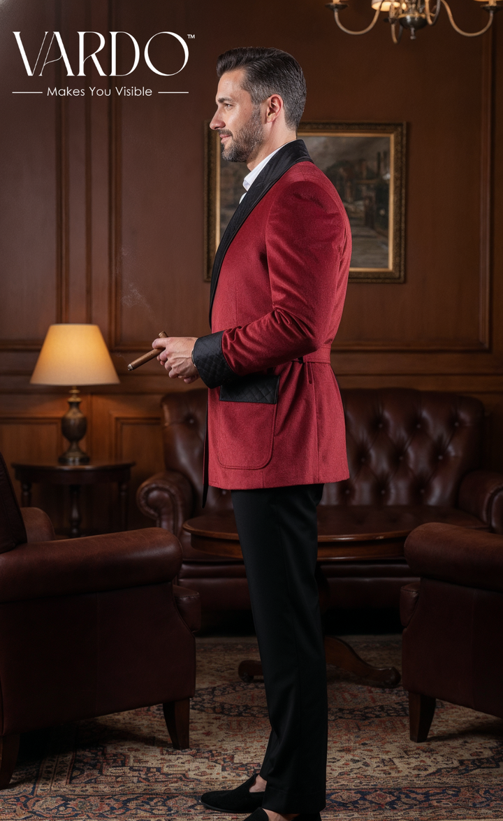 Men’s Red Velvet Smoking Jacket - Luxury Formal Attire, Elegant Dinner Blazer