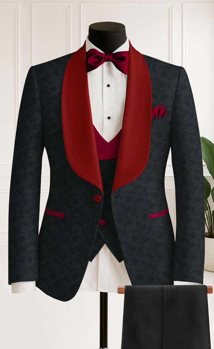 Midnight Crimson Tuxedo – Limited Edition Black Jacquard with Maroon Lapels | Prestige Collection”