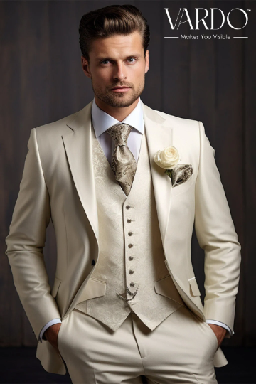 Classic Elegance: Men's Cream Tuxedo Suit