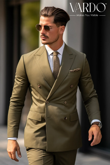 Elegant Olive Green Double Breasted Suit for Men