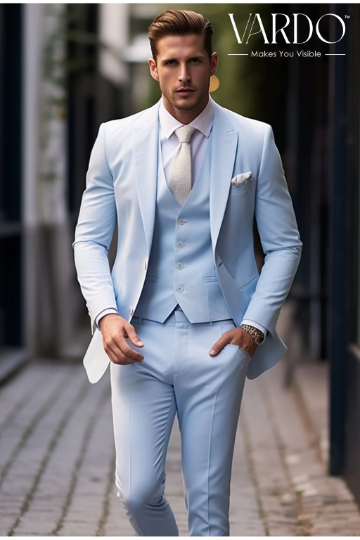 Premium Quality Wedding or Formal Occasion Icy Blue Three Piece Suit for Men