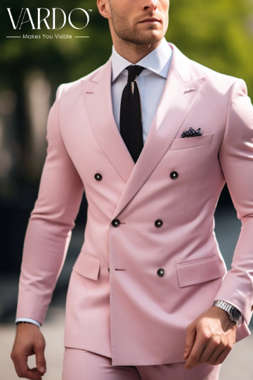 Elegant Light Pink Double Breasted Suit for Men