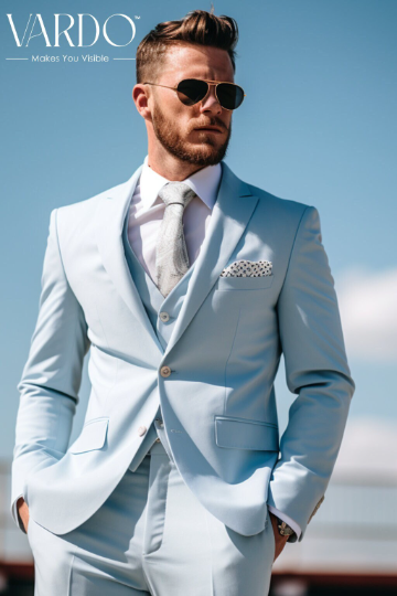 Elegant Formal Attire Men's Icy Blue Three Piece Suit