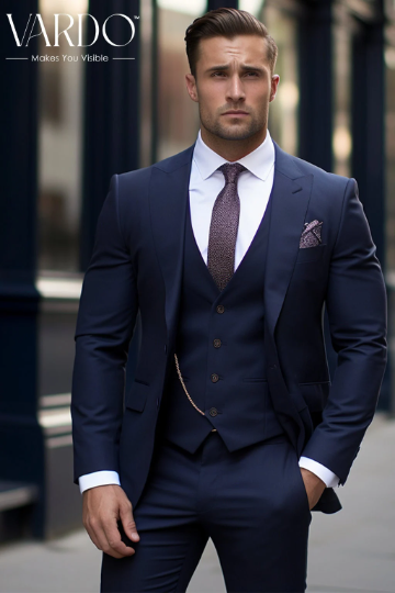 Elegant Men's Navy Blue Three Piece Suit