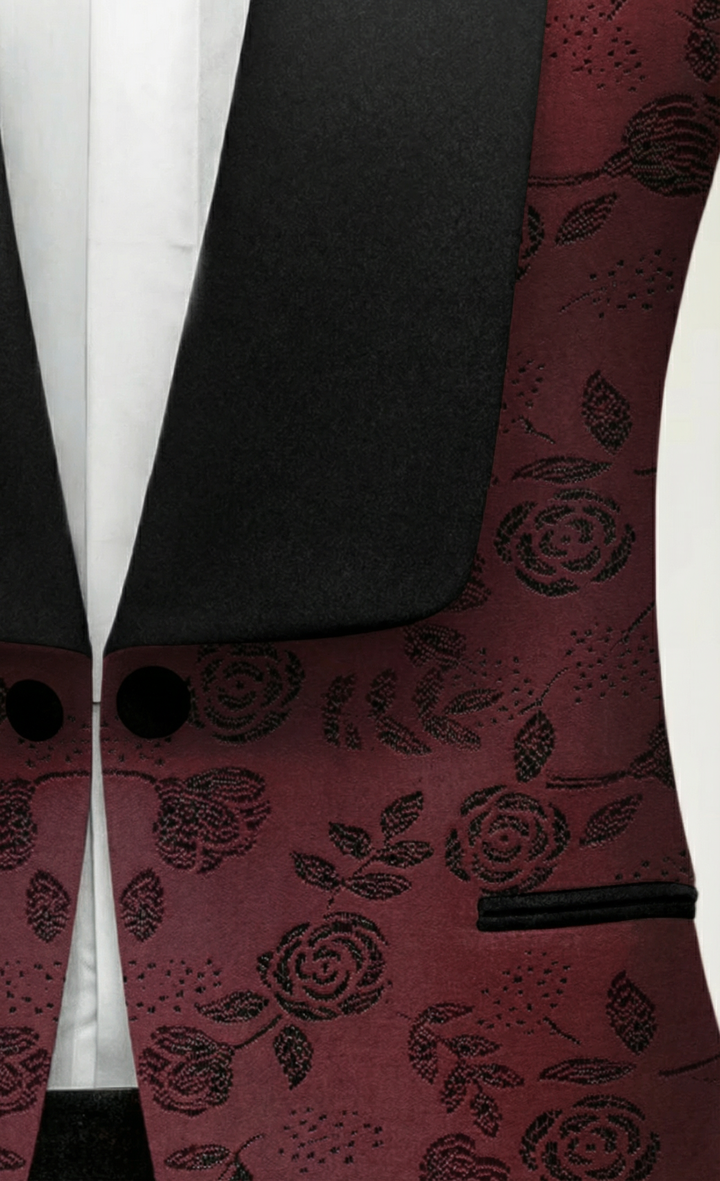 Burgundy Floral Tuxedo Suit Set with Black Shawl Lapel