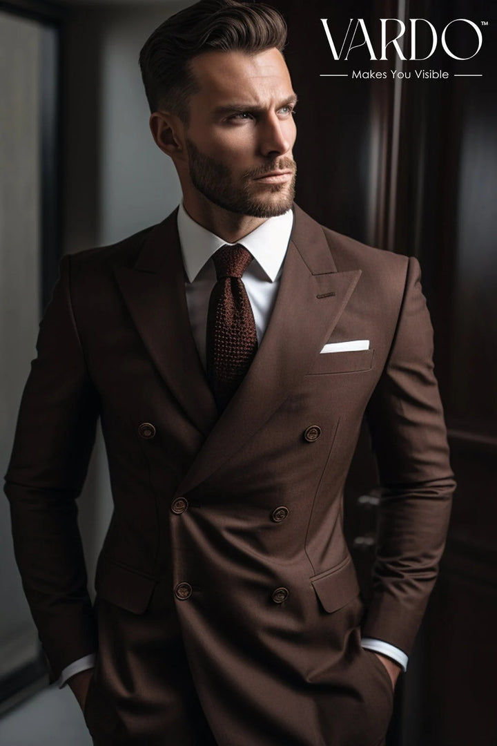 Handcrafted Wood Brown Double Breasted Suit for Men