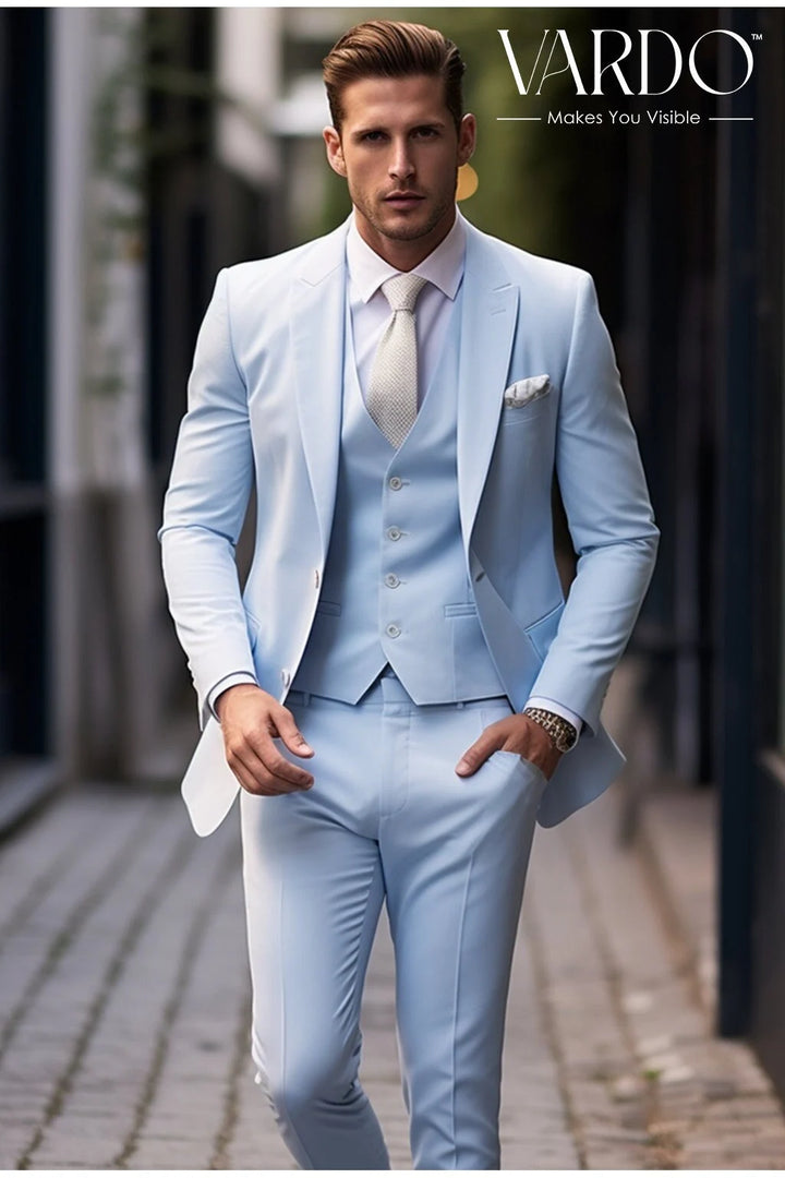 Premium Quality Wedding or Formal Occasion Suit Icy Blue Three Piece Suit for Men