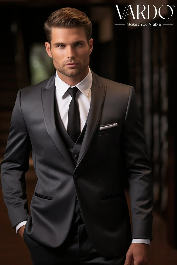 Elegant Dark Grey Three Piece Tuxedo Suit for Men