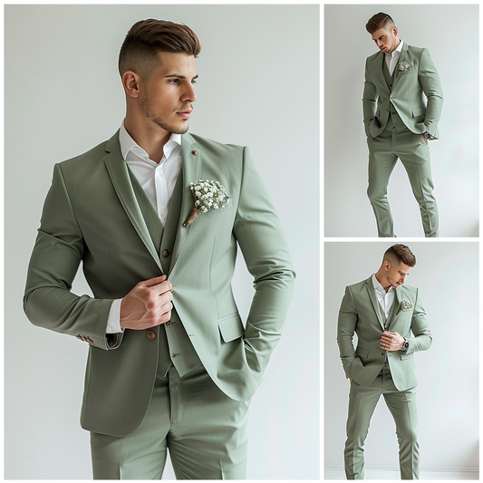 Sage Green Three-Piece Wedding and Business Suit for Men