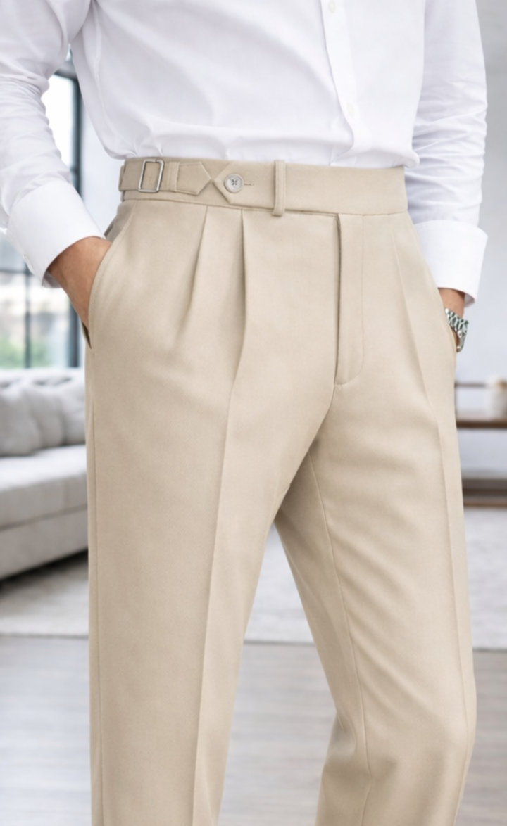 Men's Old Money Beige Pleated Trousers