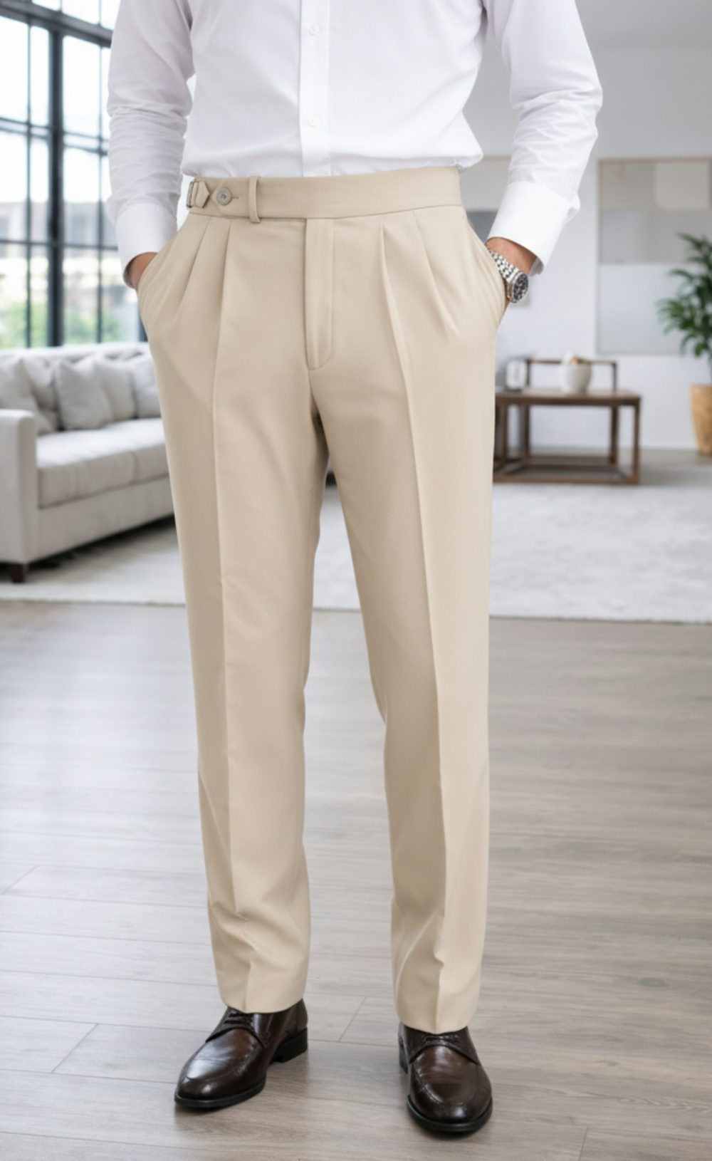 Men's Old Money Beige Pleated Trousers