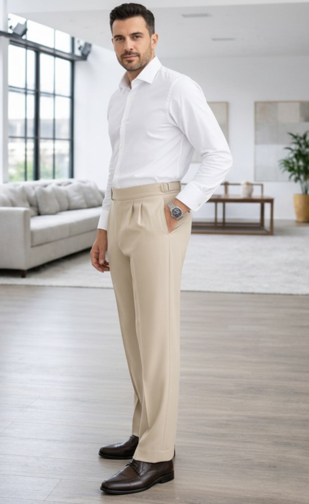 Men's Old Money Beige Pleated Trousers