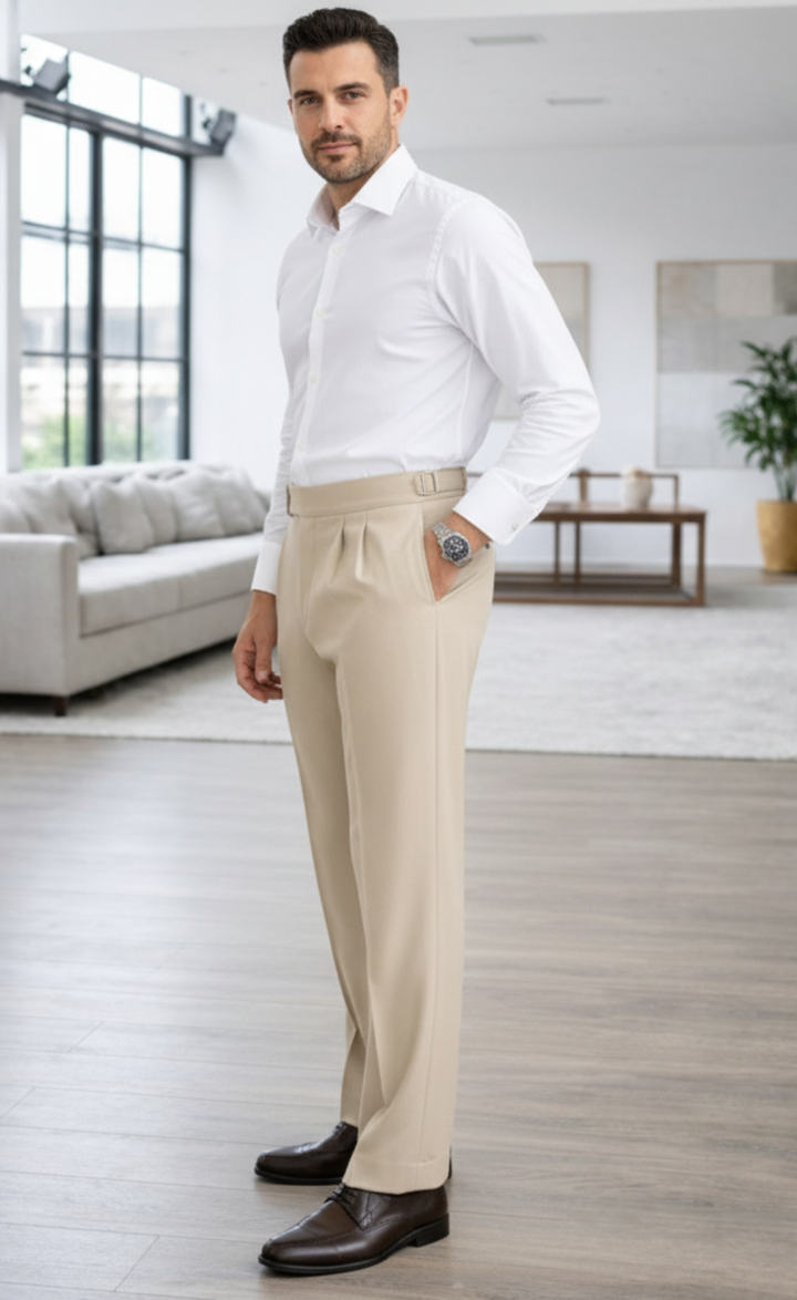 Men's Old Money Beige Pleated Trousers