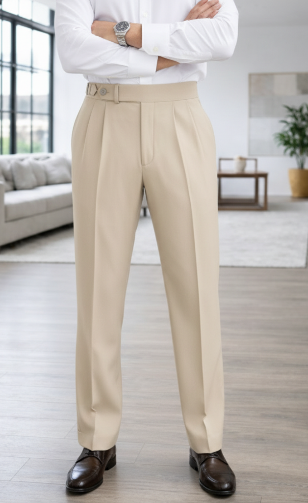 Men's Old Money Beige Pleated Trousers