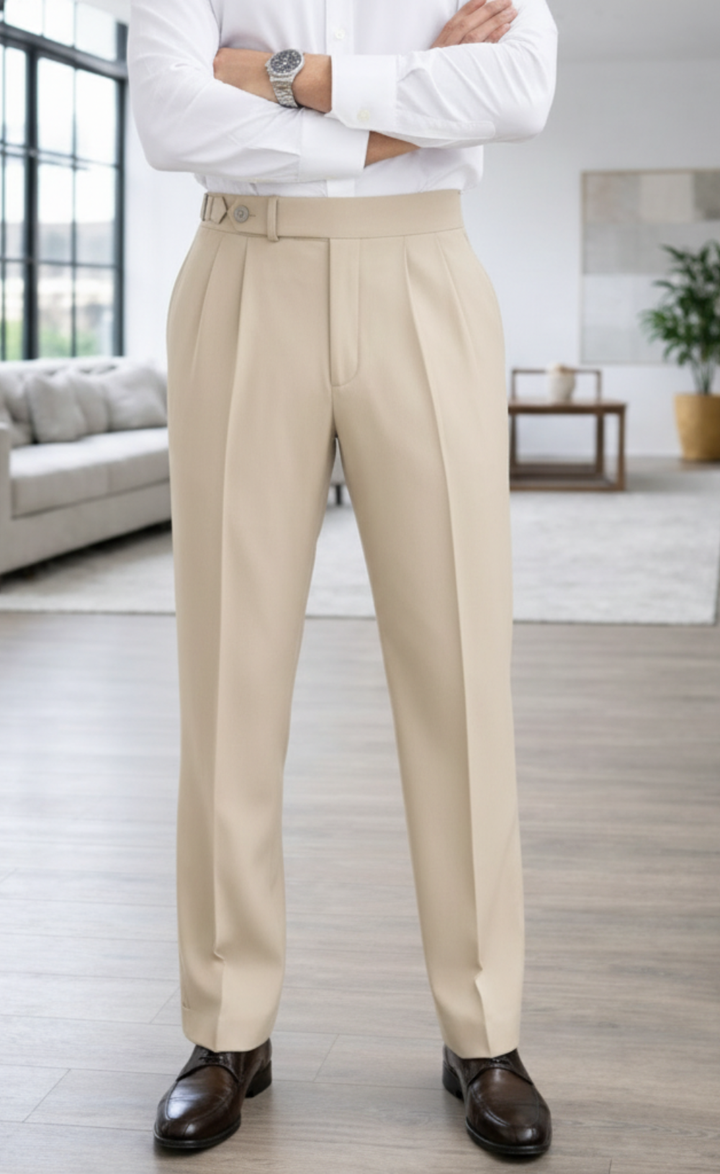 Men's Old Money Beige Pleated Trousers