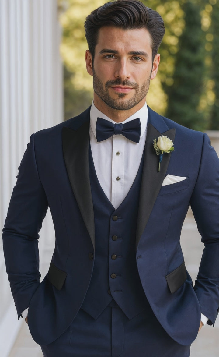 Midnight Navy Tuxedo Suit with Black Satin Lapel – 3 Piece Wedding & Formalwear Set